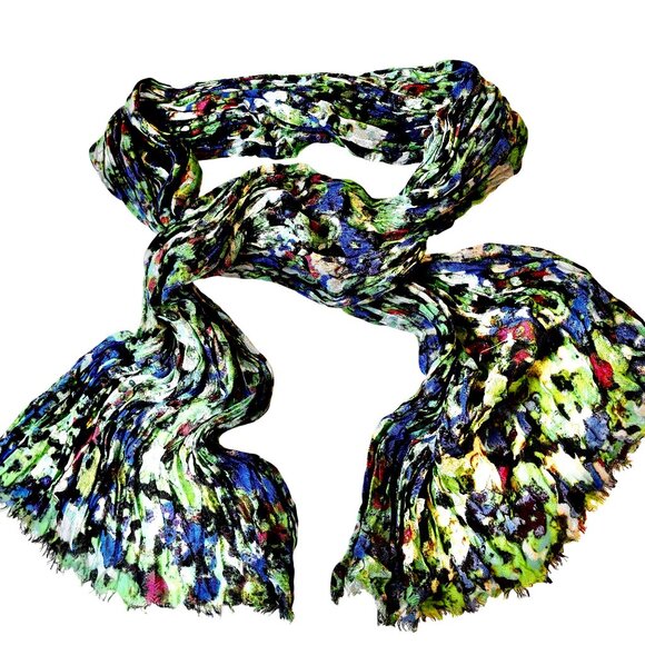 Ann Taylor Oblong Scarf Multi-Color Raw Fringe Rayon + Wool Watercolor 72" - Picture 7 of 15